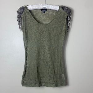 bebe olive green burnout beaded shoulder top size Small